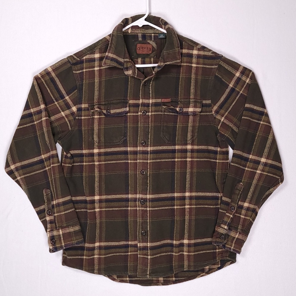Orvis Flannel Shirt Mens Medium Shacket Green Plaid Hand Pockets Heavy‎ Cotton